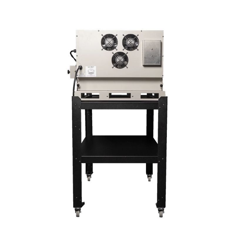 Back view of closed 18G class oven from Hot Shot Oven & Kiln set atop the included rolling stand.