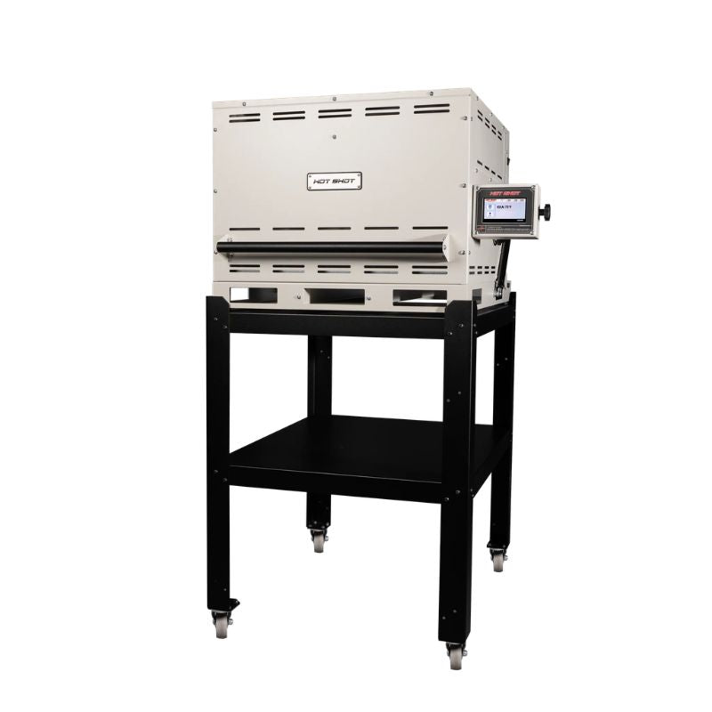 Hero view of closed 18G class oven from Hot Shot Oven & Kiln set atop the included rolling stand.