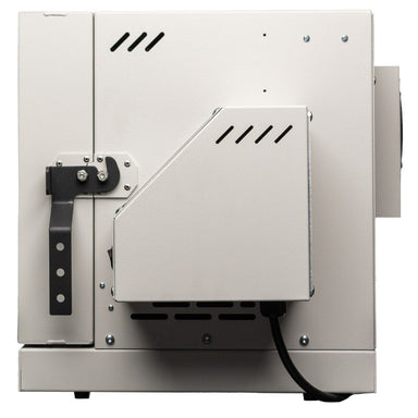 Side view of closed 7G Glass Kiln from Hot Shot showing side view of the digital controller and the door latch - locking mechanism.