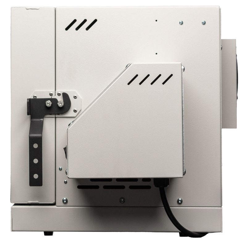 Side view of closed 7G Glass Kiln from Hot Shot showing side view of the digital controller and the door latch - locking mechanism.