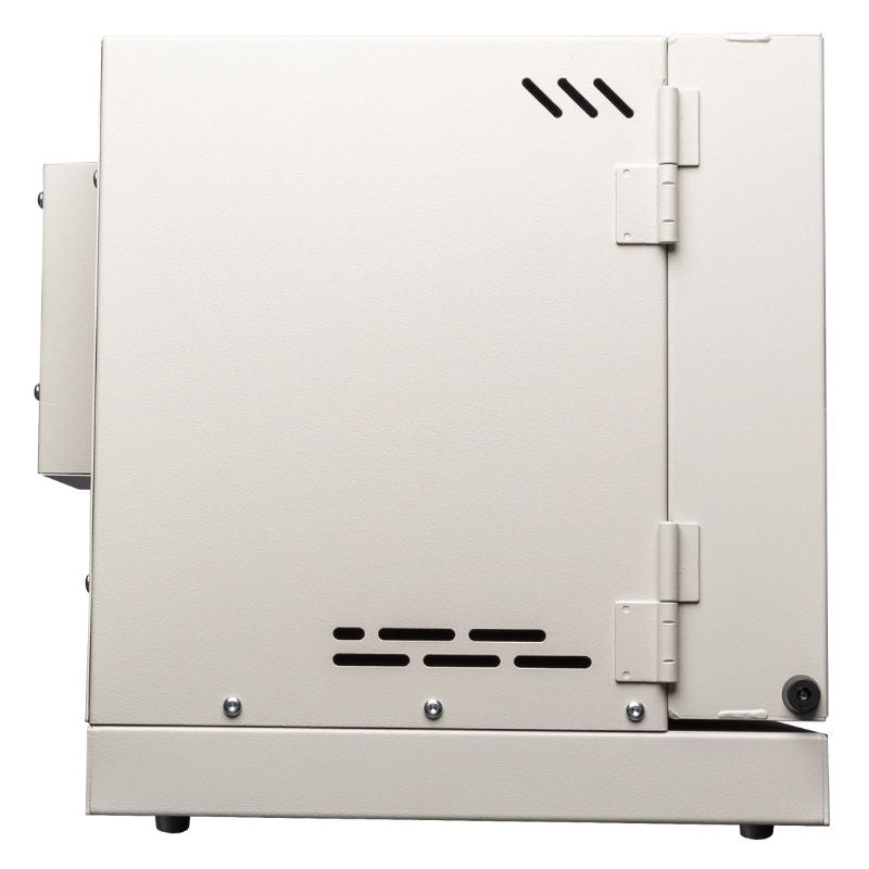 Side view of closed 7G Glass Kiln from Hot Shot showing door hinges.