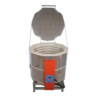 Straight-on view of fully-opened round-shaped AF3C 2422 Ceramics and Pottery Kiln from Jen fitted with the Orton AutoFire 4000 12-button controller and sitting on a small metal stand.