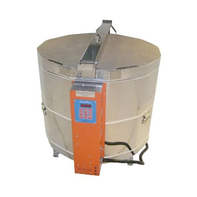 Slightly left-angled, closed, round-shaped AF3C 2822 3" brick ceramics and pottery kiln from Jen-Ken featuring the Orton AutoFire 4000 12-button controller.