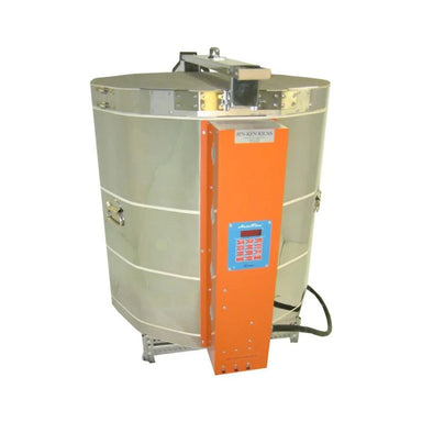 Slightly right-angled view of closed, round-shaped AF 2829 ceramics-pottery kiln from Jen-Ken, with 3" chamber brick, sitting on a small metal stand with full view of the electrical box and Orton AutoFire 4000 12-button controller.