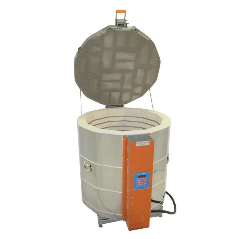 Slightly right-angled view of opened, round-shaped AF 2829 ceramics-pottery kiln from Jen-Ken, with 3" chamber brick, sitting on a small metal stand with full view of the electrical box and Orton AutoFire 4000 12-button controller.