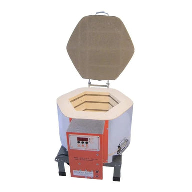 Slightly left-angled opened top-loading AF3C11/9 Ceramic kiln from Jen-Ken, placed on small metal stand.