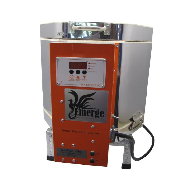 Left-angled view of closed EMERGE (model AF3C 15/13) ceramic-pottery kiln from Jen-Ken showing power cord and standard Orton AutoFire AF3C 3-Button Controller.