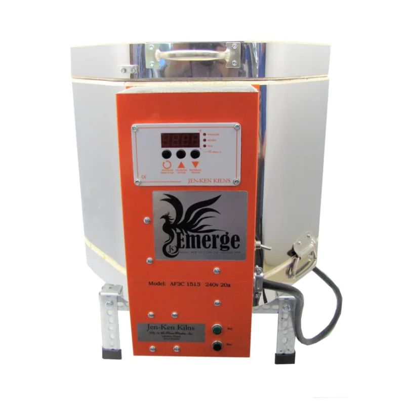 Straight-on view of closed EMERGE (model AF3C 15/13) ceramic-pottery kiln from Jen-Ken showing power cord and standard Orton AutoFire AF3C 3-Button Controller.