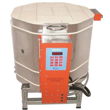 Close-up, straight-on view of closed round-shaped AF3C 1815 Ceramic Kiln from Jen-Ken, with a Orton AutoFire 4000 12-button controller and sitting on small metal stand.