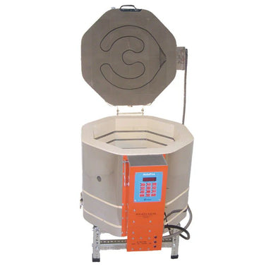 Straight-on view of opened round-shaped AF3C 1815 Ceramic Kiln from Jen-Ken, with a Orton AutoFire 4000 12-button controller and sitting on small metal stand.