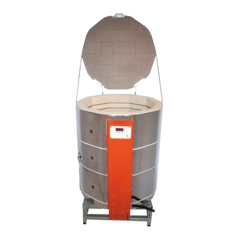 Straight-on view of fully-opened round-shaped AF3C 2431 Ceramics and Pottery kiln fro Jen, sitting on a small metal stand.