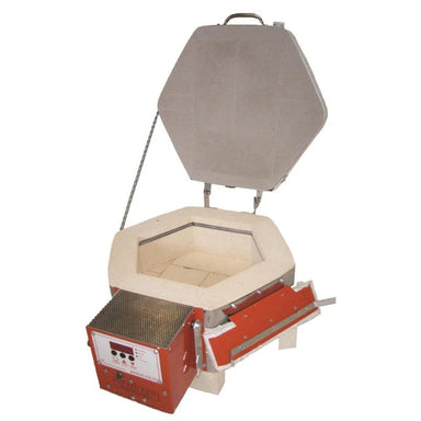 Top-down view of a slightly left-angled, opened, round-shaped AF3P 11/4.5 glass kiln from Jen-Ken, showing a 2" flip door and the electrical box with the Orton AutoFire AF3C (AF4X) 3-Button controller.