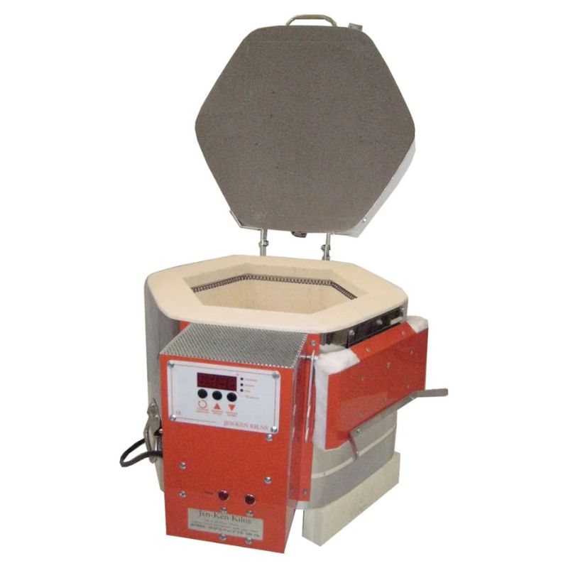 Slightly left-angled view of an opened, round-shaped AF3P 11/9 glass kiln from Jen-Ken, showing a 4" flip door and the electrical box with the Orton AutoFire AF3C (AF4X) 3-Button controller.