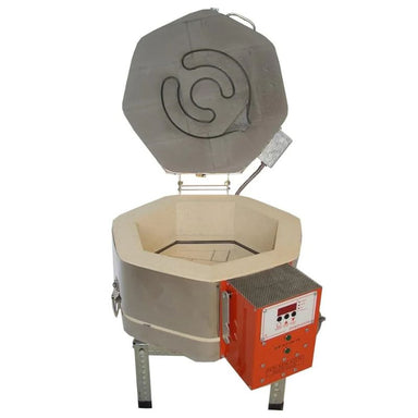 Straight-on view of opened, round-shaped AF3P 15/6 glass kiln from Jen-Ken, showing the electrical box with the Orton AutoFire AF3C (AF4X) 3-Button controller.