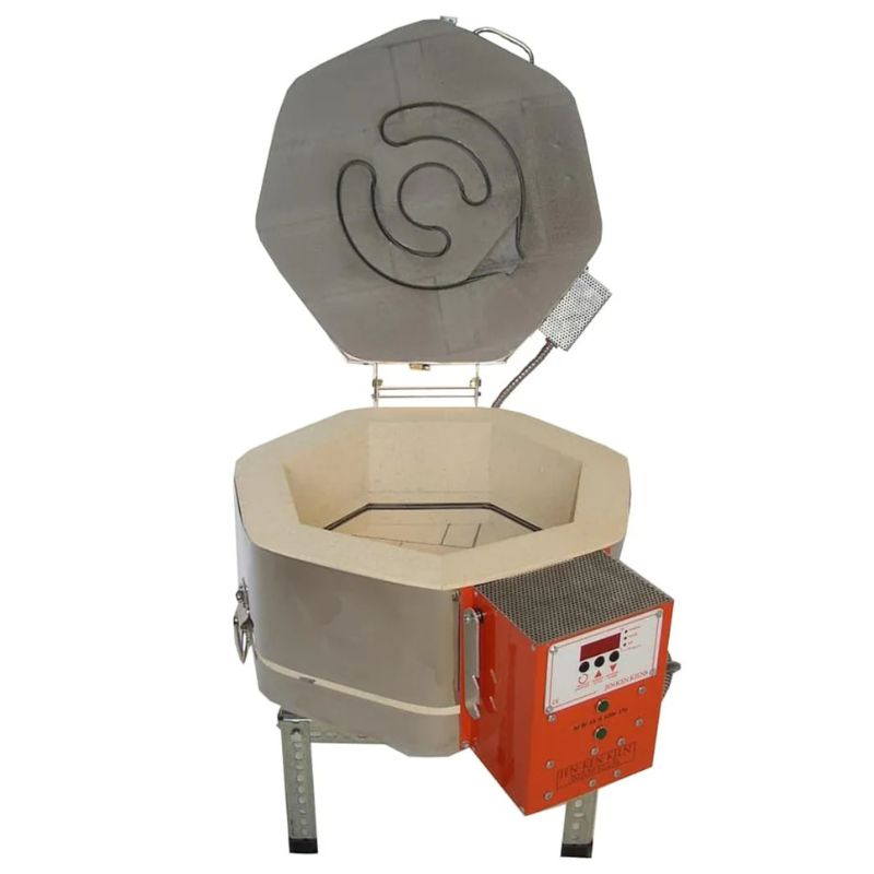 Straight-on view of opened, round-shaped AF3P 15/6 glass kiln from Jen-Ken, showing the electrical box with the Orton AutoFire AF3C (AF4X) 3-Button controller.