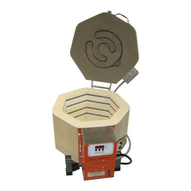 Slightly left-angled view of opened, round-shaped AF3P 15/9 glass kiln from Jen-Ken, sitting on a small metal stand and showing the electrical box with the Orton AutoFire AF3C (AF4X) 3-Button controller. Inside view shows both side and lid elements.