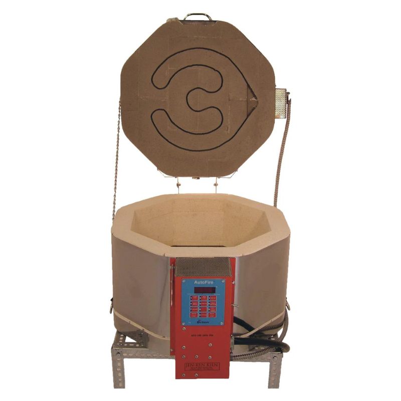 Straight-on view of opened, round-shaped AF3P 18-E glass kiln from Jen-Ken, sitting on a small metal stand showing electrical box with Orton AutoFire 4000 12-button controller.