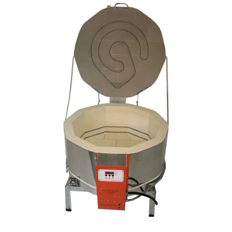 Straight-on view of opened, round-shaped AF3P 24-E 15" glass kiln from Jen-Ken, set on a small metal stand with electrical box on front of kiln outfitted with the Orton AutoFire AF3C (AF4X) 3-Button controller.