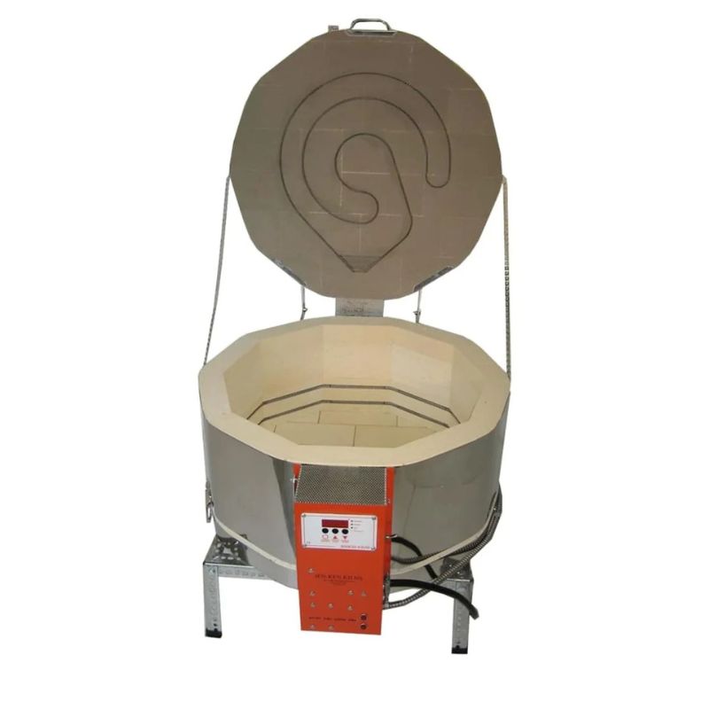 Straight-on, top-angle view of opened, round-shaped AF3P 24-E glass kiln from Jen-Ken, set on a small metal stand, showing the electrical box with Orton AutoFire AF3C (AF4X) 3-Button controller.