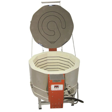 Straight-on view of opened, round-shaped AF3P 2415 glass kiln from Jen-Ken, set on a small metal stand with electrical box on front of kiln outfitted with the Orton AutoFire AF3C (AF4X) 3-Button controller.
