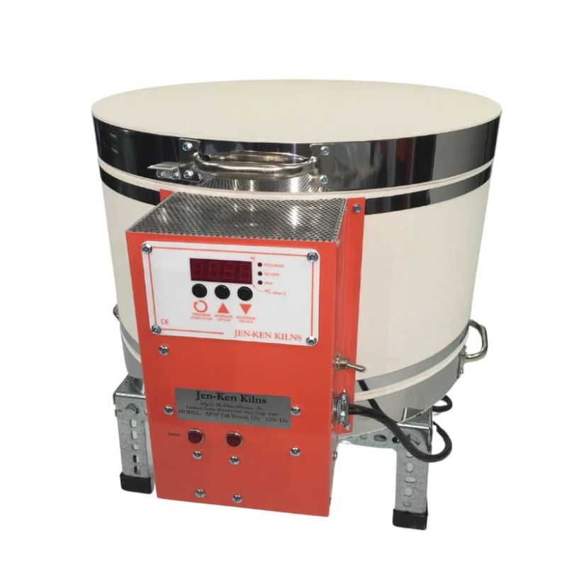 Slightly left-angled view of closed, round-shaped AF3P Bonnie Glo glass kiln from Jen-Ken, sitting on small metal stand and showing the electrical box with the Orton AutoFire AF3C (AF4X) 3-Button controller.