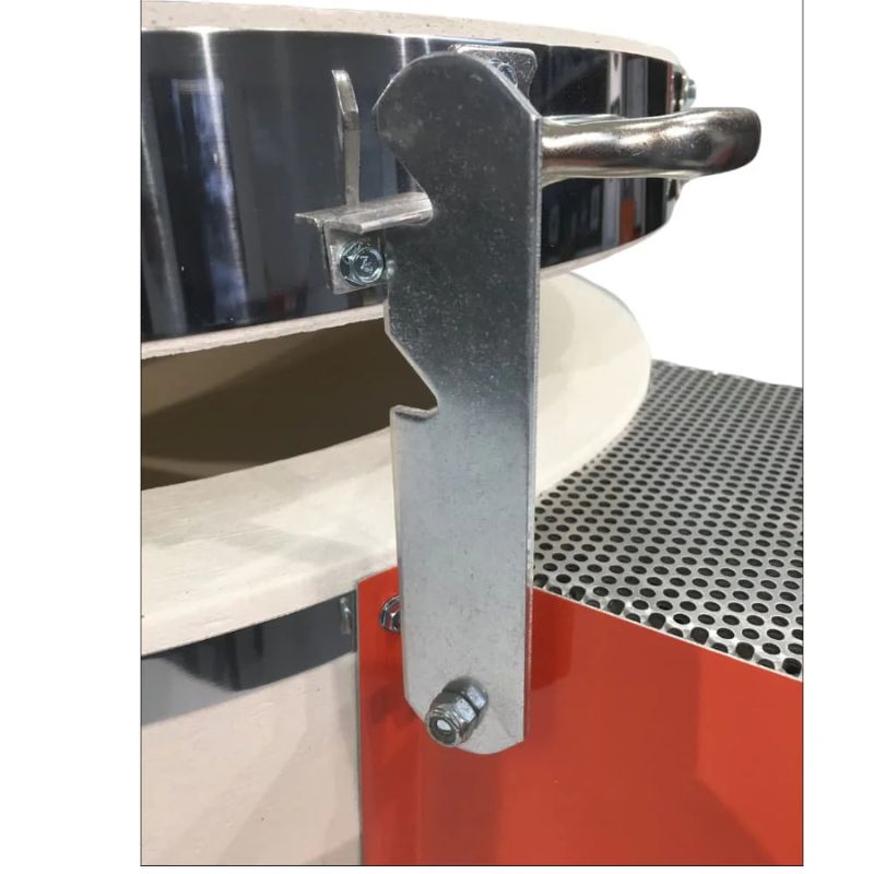 Close-up view of a lid latch allowing the AF3P Bonnie Glo Glass Kiln from Jen-Ken to be held in a slightly-open position for venting.