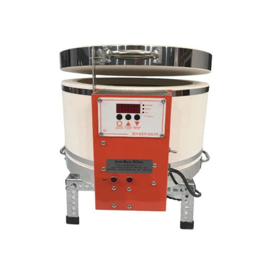 Straight-on view of slightly-opened, round-shaped AF3P Bonnie Glo glass kiln from Jen-Ken, sitting on small metal stand and showing the electrical box with the Orton AutoFire AF3C (AF4X) 3-Button controller.