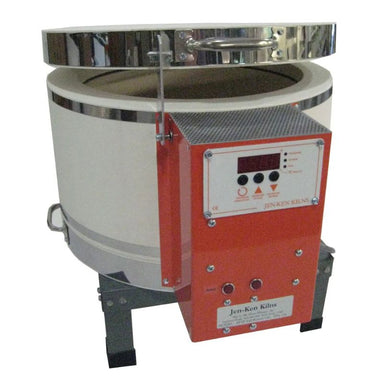 Slightly right-angled view of slightly-opened, round-shaped AF3P Bonnie Glo Tall glass kiln from Jen-Ken, sitting on a small metal stand, and showing the electrical box with the Orton AutoFire AF3C (AF4X) 3-Button controller.