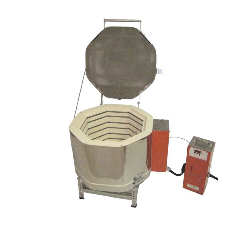 Straight-on, top-angled view of opened, round-shaped AF3 Crucible 1813 glass kiln from Jen-Ken, sitting on small metal stand showing electrical boxes and Orton AutoFire AF3C (AF4X) 3-Button controller.