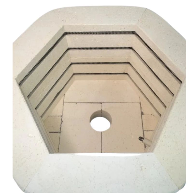 Top-down view into the chamber of a Jen-Ken AF3P Vitri Barrel Glass Kiln, clearly showing the base floor with a vitrigraph hole.