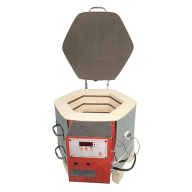 Straight-on view of opened, round-shaped AF3P Vitra Barrel glass kiln from Jen-Ken, showing the electrical box with the Orton AutoFire AF3C (AF4X) 3-Button controller.