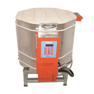 Straight-on view of closed, round-shaped AF dual-media Ceram-A-Glass 1815 ceramics and glass kiln from Jen-Ken, sitting on a small metal stand, showing the electrical box with Orton AutoFire 4000 12-button controller.