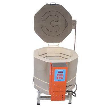 Straight-on view of opened, round-shaped AF dual-media Ceram-A-Glass 1815 ceramics and glass kiln from Jen-Ken, sitting on a small metal stand, showing the electrical box with Orton AutoFire 4000 12-button controller.