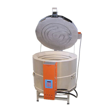 Slightly left-angled, opened, round-shaped AF Ceram-A-Glass 24222 ceramics and glass kiln from Jen-Ken, with an option for chamber brick that's 3" thick, showing the electrical box and the Orton AutoFire 4000 12-button controller.