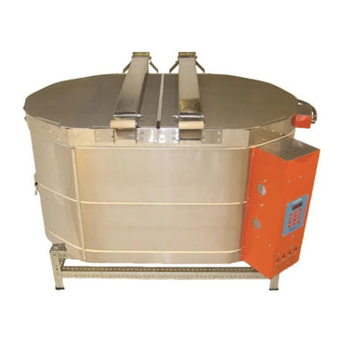 Straight-on view of closed, oval-shaped AF Ceram-A-Glass kiln from Jen-Ken ideal for ceramics, glaze firings, and glass fusing, slumping, and annealing. It's on a short metal stand and showing the electrical box with an Orton AutoFire 4000 12-button controller.