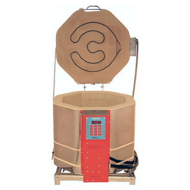 Straight-on view of opened, round-shaped AFG 18-E 15" glass kiln from Jen-Ken, set on a small metal stand showing the electrical box wih the Orton AutoFire 4000 12-button controller.