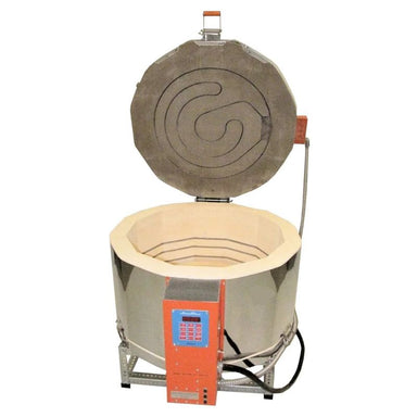 Straight-on view of opened, round-shaped AFG 28-E 15"-deep glass kiln from Jen-Ken, featuring 3" brick insulation, and set on a small metal stand with electrical box on the front of kiln outfitted with the Orton AutoFire 4000 12-button controller.