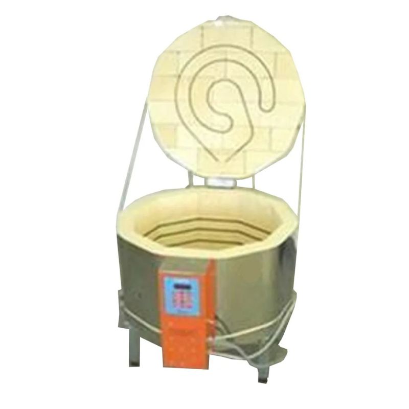 Straight-on view of opened, round-shaped AFG 28-E glass kiln from Jen-Ken, featuring 3" brick insulation, and set on a small metal stand with electrical box on the front of kiln outfitted with the Orton AutoFire 4000 12-button controller.