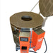 Left-angled view of opened, round-shaped AFG double wall crucible glass kiln with one hole from Jen-Ken with electrical boxes visible, and controller on front box.