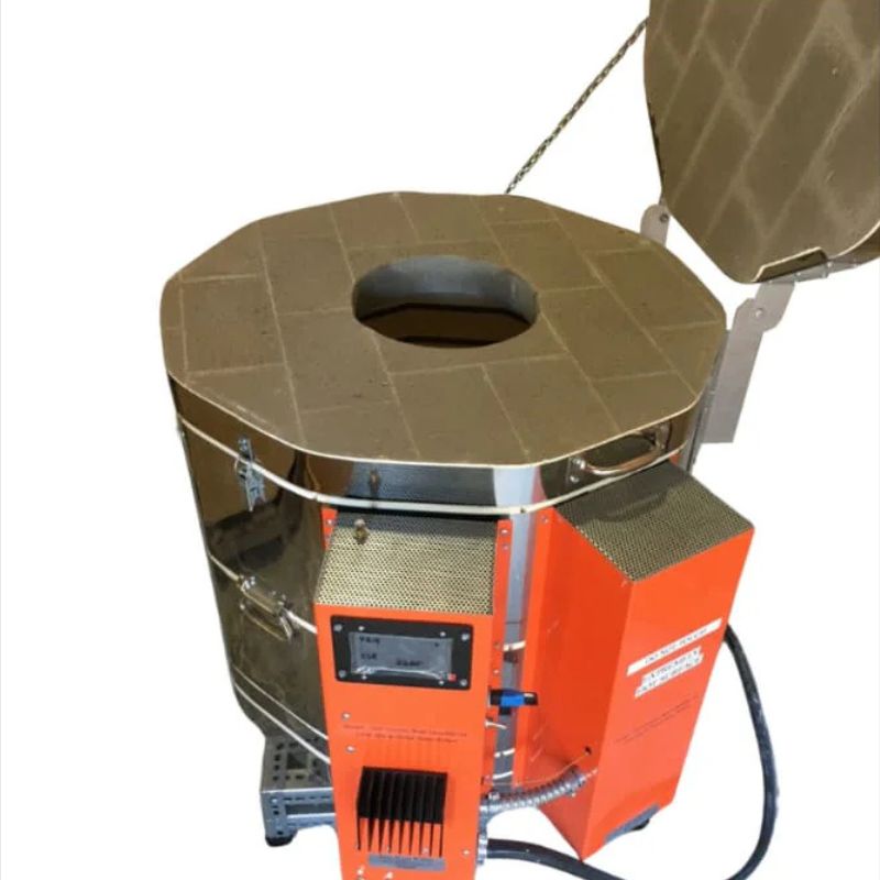 Left-angled view of opened, round-shaped AFG double wall crucible glass kiln with one hole from Jen-Ken with electrical boxes visible, and controller on front box.