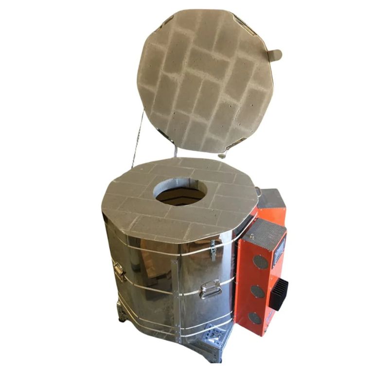 Slightly left-angled product with top-angled view of opened, round-shaped AFG double wall single-hole crucible glass kiln from Jen-Ken with electrical boxes on right side.