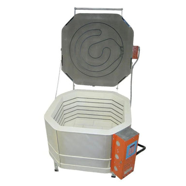 Straight-on view of opened, square-shaped - with rounded corners - JK-squared 15" deep glass kiln from Jen-Ken,  with electrical box on right front corner of kiln outfitted with the Orton AutoFire 4000 12-button controller.