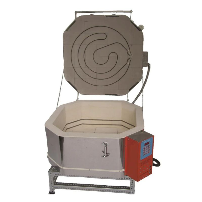 Straight-on view of opened, square-shaped - with rounded corners - JK-squared glass kiln from Jen-Ken, set on a small metal stand with electrical box on right front corner of kiln outfitted with the Orton AutoFire 4000 12-button controller.