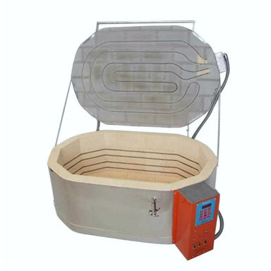 Slightly-left angled view of opened, oval-shaped AFG Oval 13 glass kiln from Jen-Ken with electrical box on front right corner of kiln with the Orton AutoFire 4000 12-button controller.