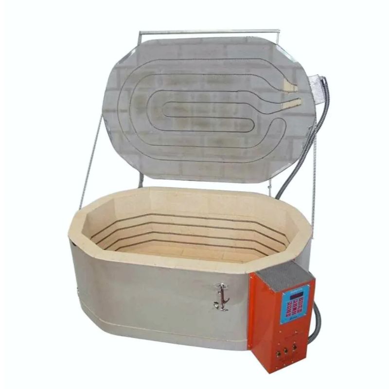 Slightly-left angled view of opened, oval-shaped AFG Oval 13 glass kiln from Jen-Ken with electrical box on front right corner of kiln with the Orton AutoFire 4000 12-button controller.