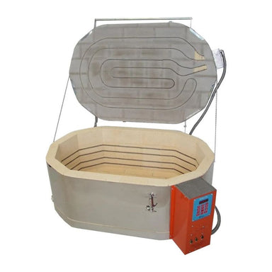 Slightly-left angled view of opened, oval-shaped AFG Oval 18 glass kiln from Jen-Ken with electrical box on front right corner of kiln with the Orton AutoFire 4000 12-button controller.