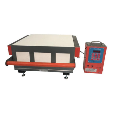 Straight-on view of closed, square-shaped Fusion 16 glass kiln from Jen-Ken with attached Orton AutoFire 4000 12-button controller to the kiln's right.