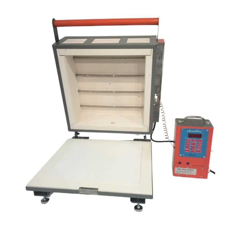 Straight-on view of opened, square-shaped Fusion 16 glass kiln from Jen-Ken with attached Orton AutoFire 4000 12-button controller to the kiln's right.