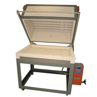 Straight-on view of opened, rectangle-shaped AFG ProFusion 38 fiber-constructed glass kiln from Jen-Ken with attached electrical box and Orton AutoFire 4000 12-button controller.