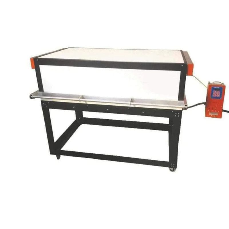 Straight-on view of closed, rectangle-shaped AFG ProFusion 52 fiber-constructed glass kiln from Jen-Ken with electrical box and Orton AutoFire 4000 12-button controller.